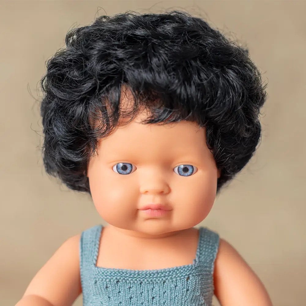 Miniland 15 inch Doll Fair Skin Dark Curly Hair Blue Eyes Boy, photo 4 of 4