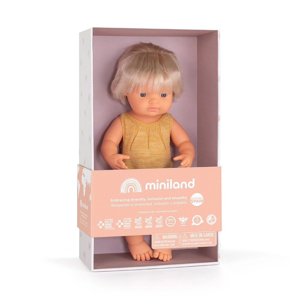 15-Inch Doll Fair Skin Blonde Hair Cochlear Implant Yellow Knit Romper - Miniland, photo 3 of 4