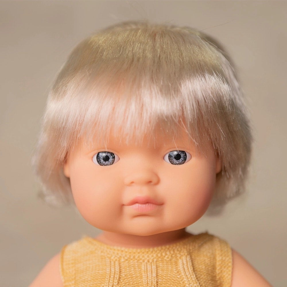 15-Inch Doll Fair Skin Blonde Hair Cochlear Implant Yellow Knit Romper - Miniland, photo 4 of 4