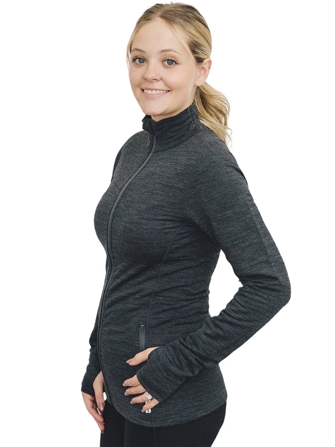 Woolino Woman’s Merino Fleece Long Sleeve Zip Jacket - Charcoal Gray, photo 2 of 3