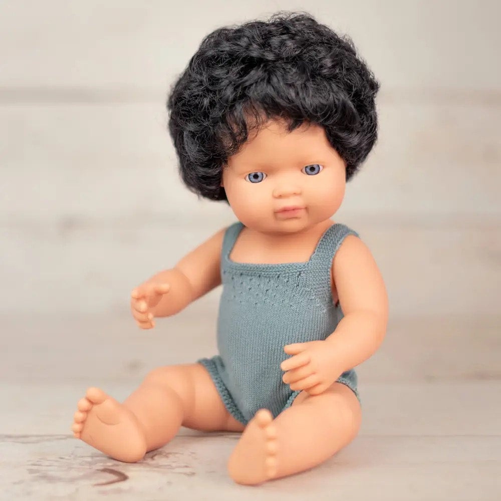 Miniland 15 inch Doll Fair Skin Dark Curly Hair Blue Eyes Boy, photo 1 of 4