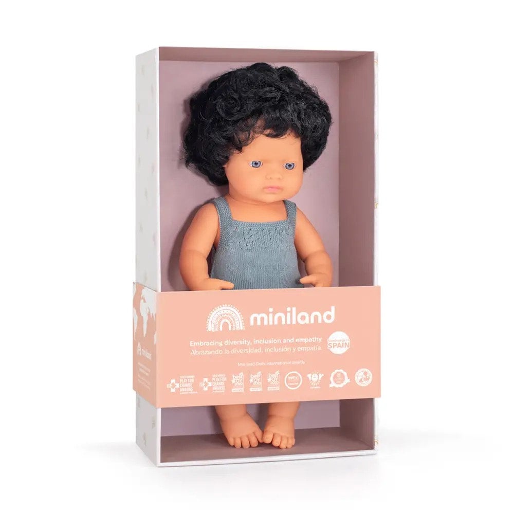 Miniland 15 inch Doll Fair Skin Dark Curly Hair Blue Eyes Boy, photo 3 of 4