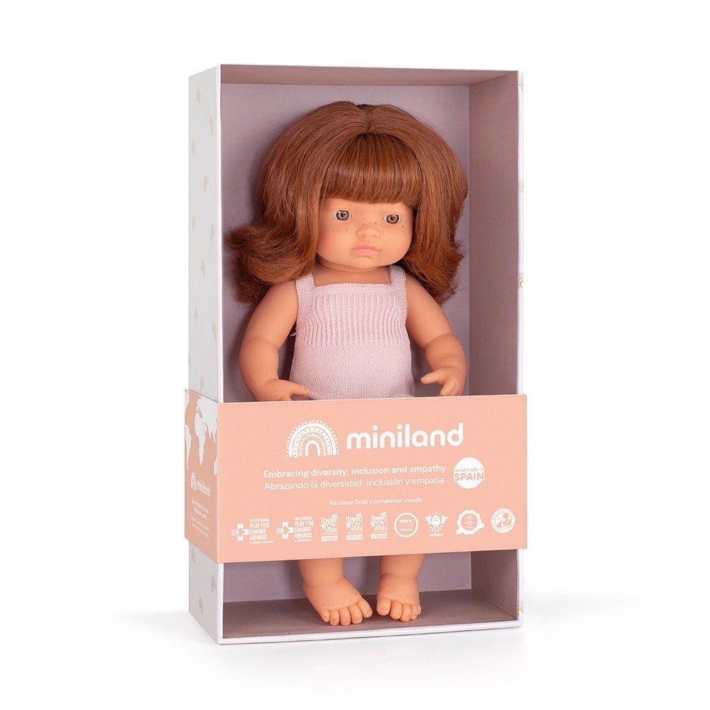Miniland 15” Doll Fair Skin, Red Hair, Pink Knit Romper - Girl, photo 2 of 4