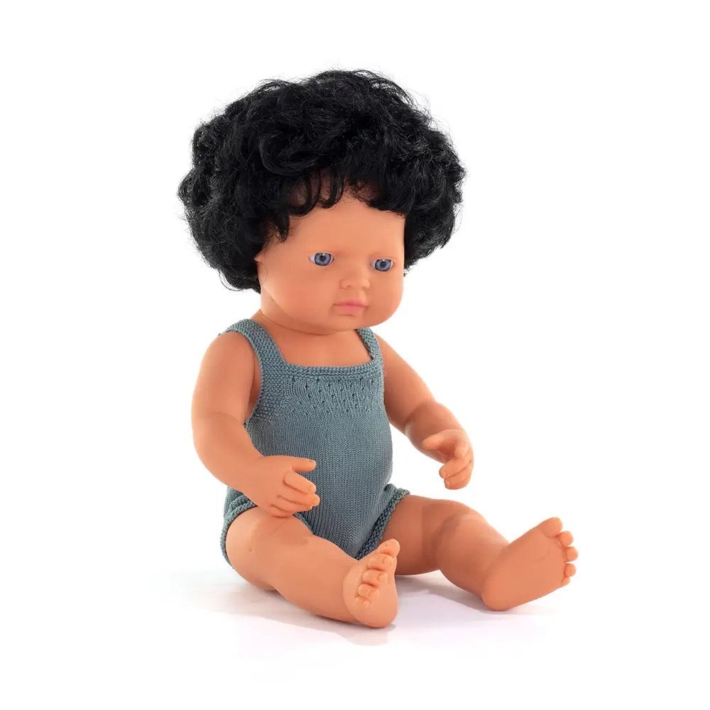 Miniland 15 inch Doll Fair Skin Dark Curly Hair Blue Eyes Boy, photo 2 of 4