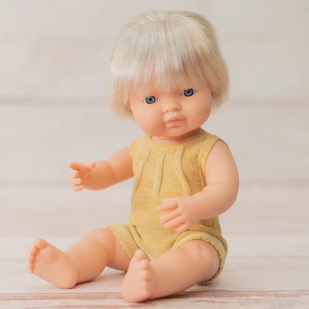 15-Inch Doll Fair Skin Blonde Hair Cochlear Implant Yellow Knit Romper - Miniland, photo 2 of 4