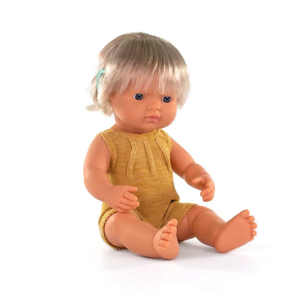 15-Inch Doll Fair Skin Blonde Hair Cochlear Implant Yellow Knit Romper - Miniland, photo 1 of 4